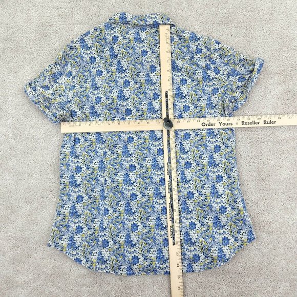 Eddie Bauer Shirt Women's Medium Blue Floral Button Front Short Sleeve Ruffle - Picture 5 of 8